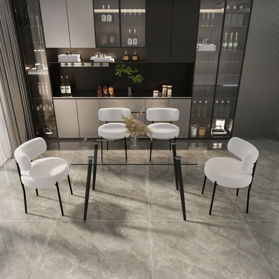 51.2''x27.5'' Glass Dining Table & 4 White Teddy Velvet Chair Set, Modern Black Metal Legs for Stylish Dining Spaces​