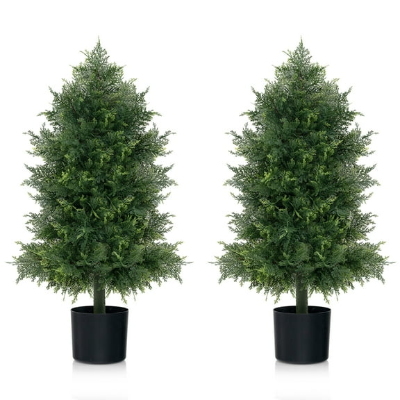 Gymax 2PCS 31.5'' Artificial Cedar Topiary Tree Faux Indoor Floor Plant w/ Sturdy Trunk