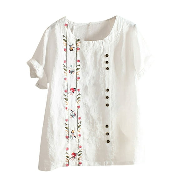 Xuewenshw Women Flowers Printed And Linen Loose Casual Shirts Turtle Neck Long Sleeve Shirt Women