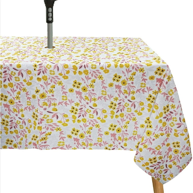Nappe d'Extérieur Imperméable avec Trou pour Parasol pour Table Rectangulaire 60x84 Pouces Nappe de Patio à Fleurs Roses avec Fermeture Éclair