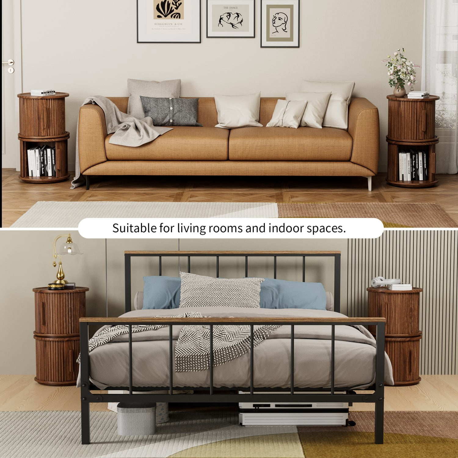 Set of 2 Round Coffee Tables with Sliding Door Storage, Modern Walnut Nesting Side Tables, Fluted Roman Column Accent End Tables & Nightstands for Living Room, Bedroom
