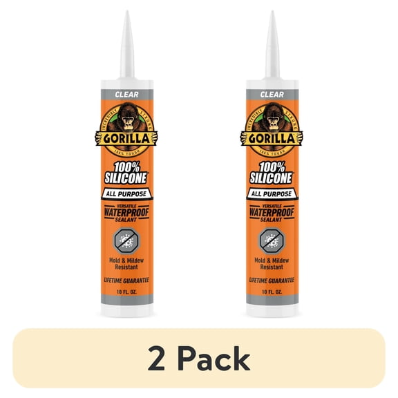 (2 pack) Gorilla Waterproof Caulk & Seal Silicone Sealant, 10oz Cartridge - Clear Caulking Sealant for Kitchen, Window, Bath, Marine, Door and More