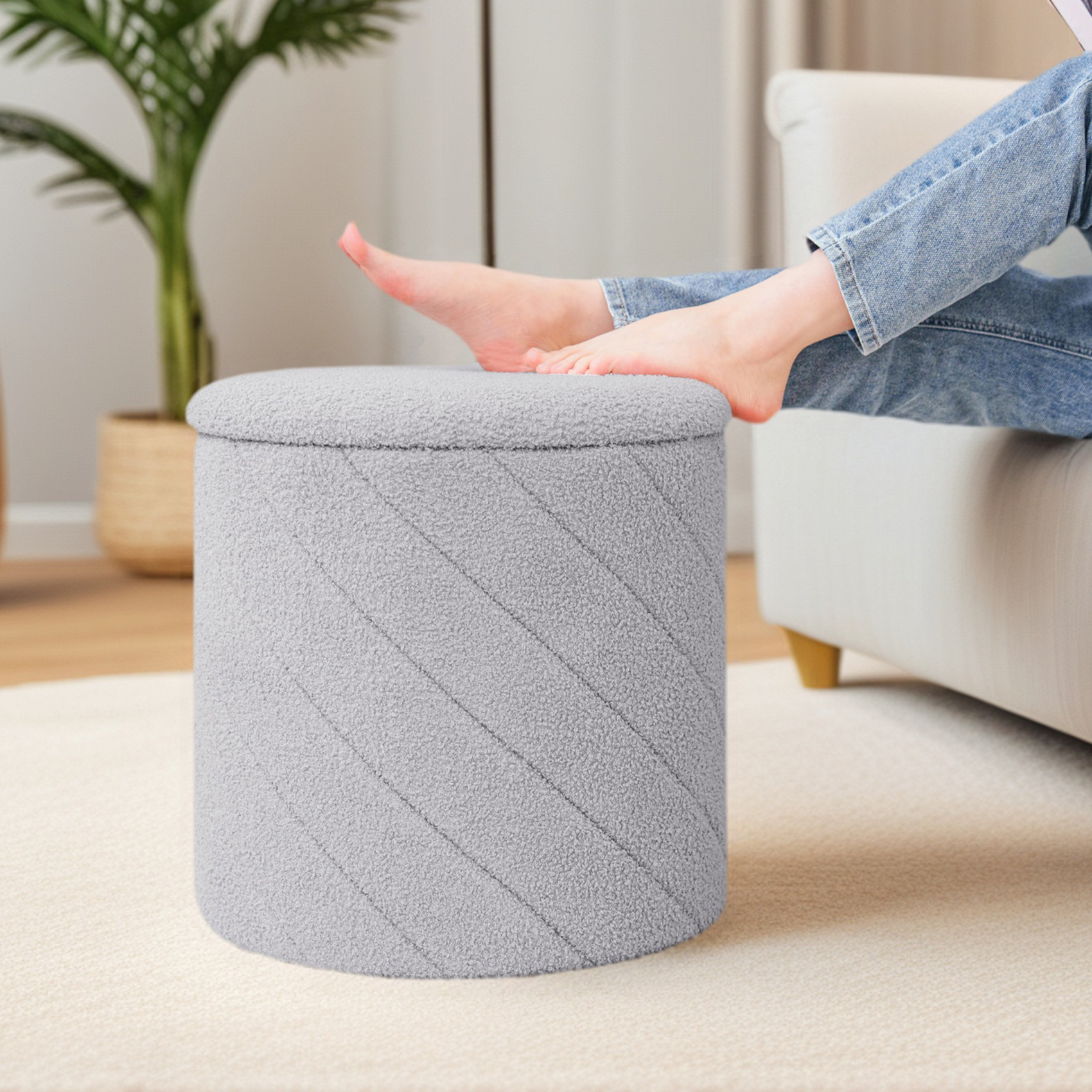 PINPLUS 16.9" Storage Ottoman with Tray Collapsible Foot Rest Stool Seat for Living Room Grey,Sherpa Fabric