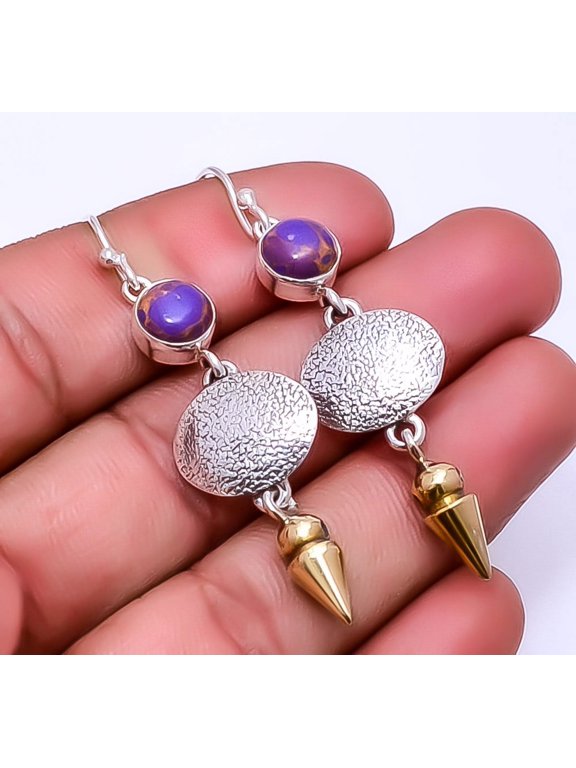 Copper Purple Turquoise 925 Sterling Silver Two Tone Arrow Head Earring 2.34"E38, Beautiful Jewelry For Woman, New Year Sale, Valentin's Day Gift