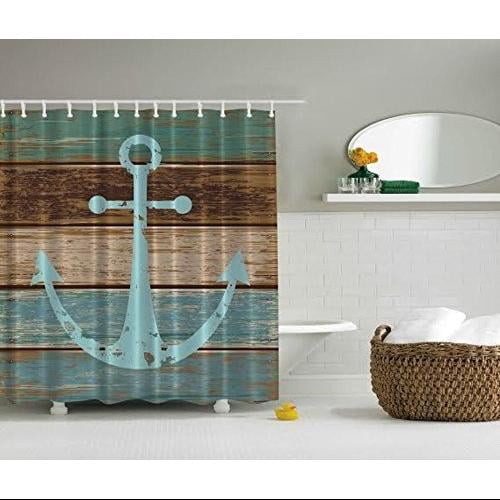 Nautical Anchor on Wooden Board Waterproof Fabric Bath Shower Curtain Mat Hooks