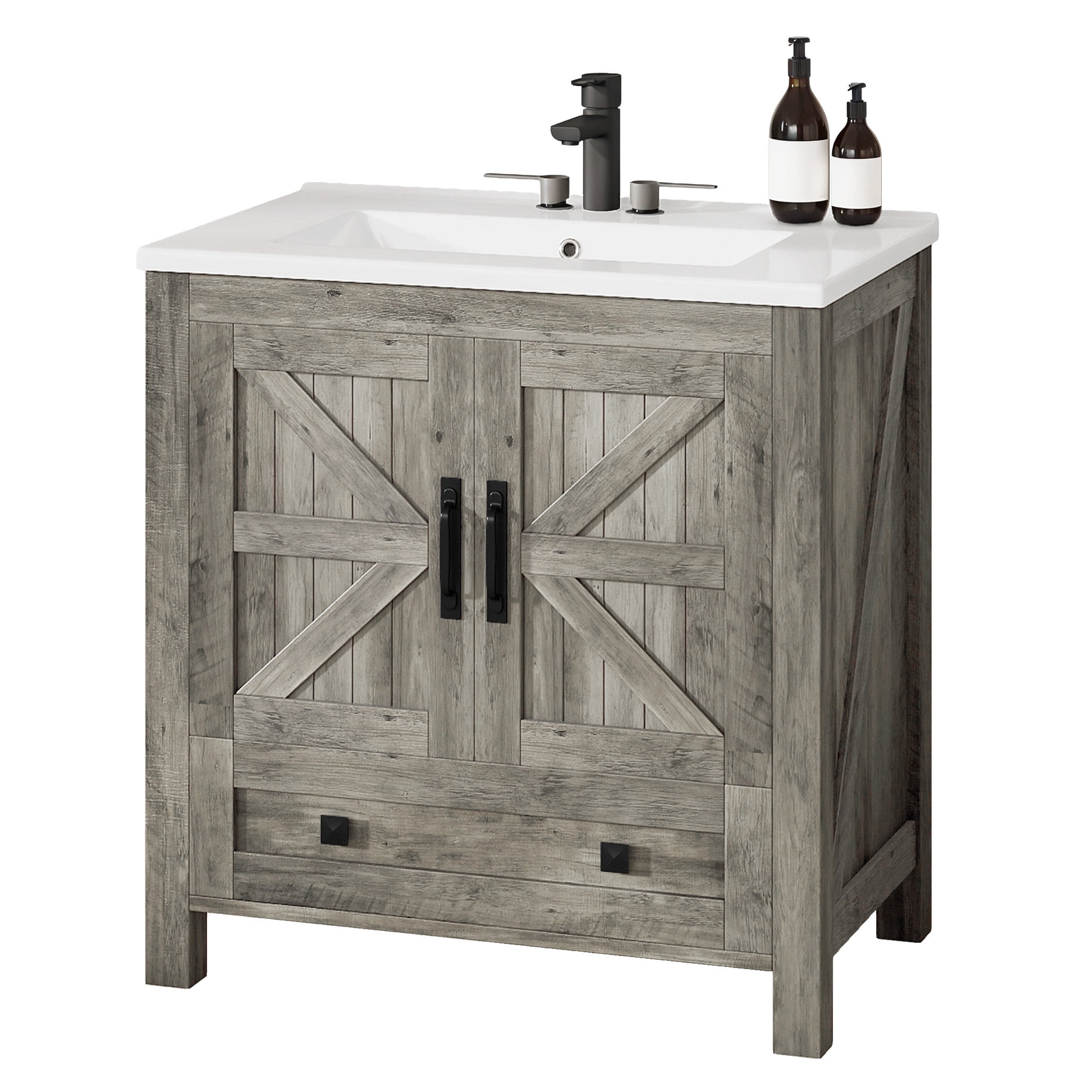 Dextrus 30" Bathroom vanity with Sink Top, Farmhouse Bathroom Storage Cabinet with Drawers, Gray