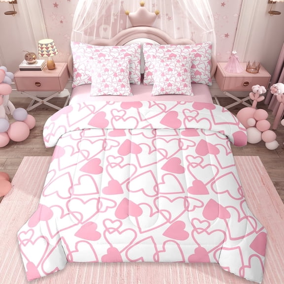 Erosebridal Dreamy Princess Style 7-Piece Twin Bedding Sets,Pink Loves Heart Bedding Comforter Set For Girls Kids,Reversible