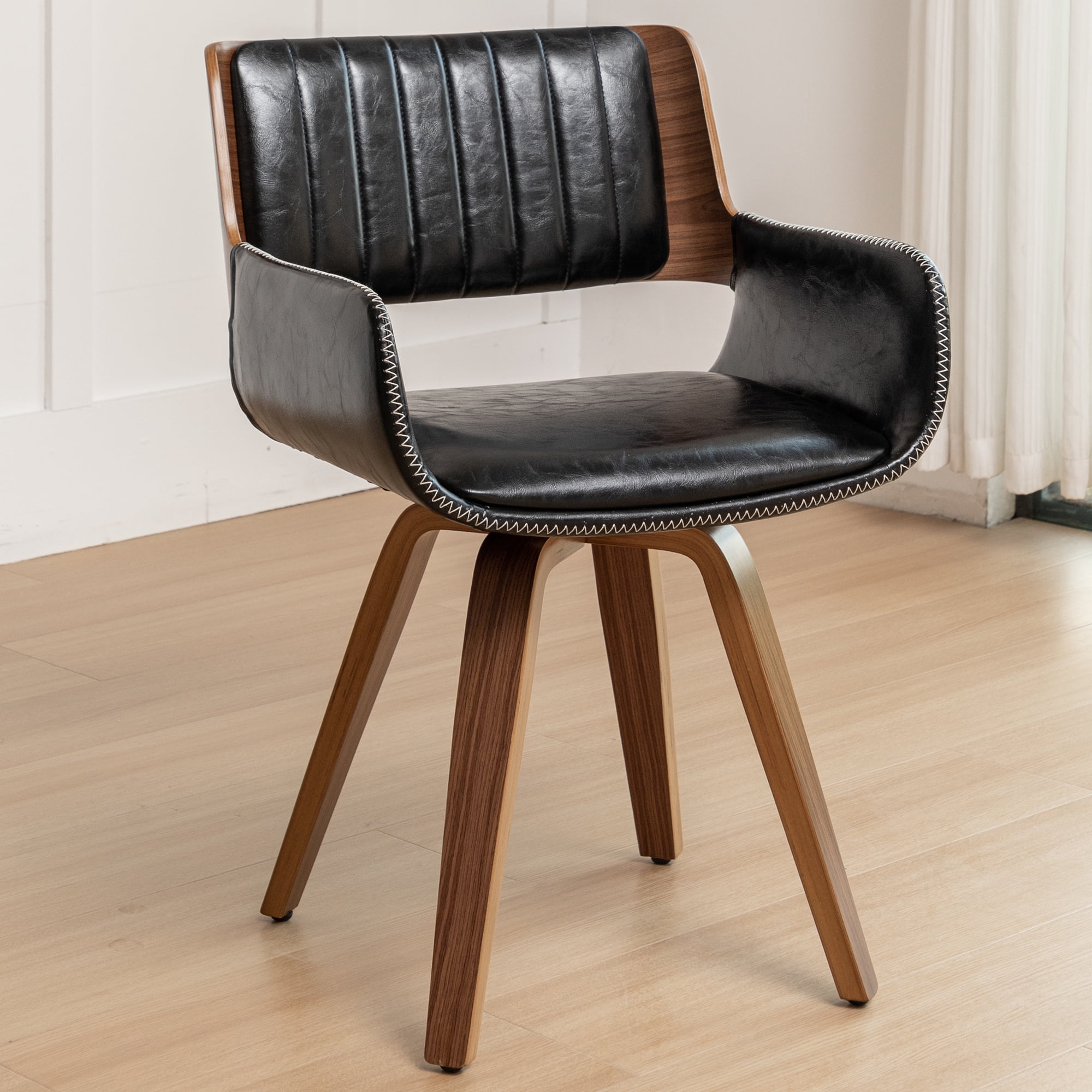 FOWEOAIU Modern Dining Chairs,Leather Upholstered Walnut Wood With rotation Kitchen Dining Chairs , Black (Set of 2)