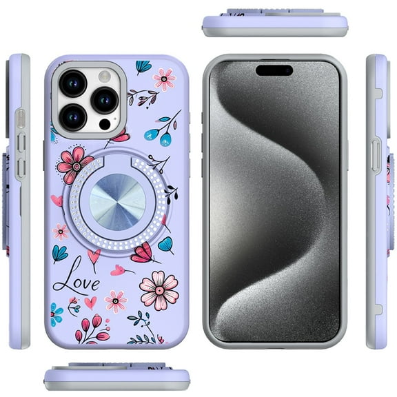XPM for Apple iPhone 14 Pro Max Phone Case, Pattern Design Hybrid with Invisible Ring Stand & Magnetic Back, Shockproof Protective Grip Cover for iPhone 14 Pro Max (Love Flower)