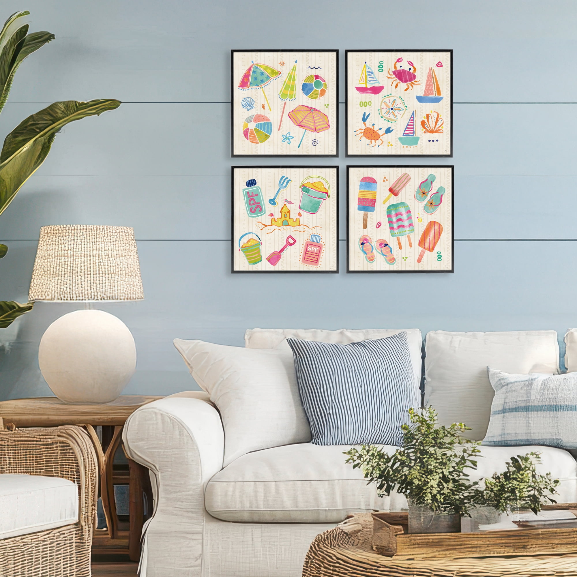 Stupell Industries Beach & Boats Collection 4 Piece Black Framed Giclee Art Set, design by Dina June