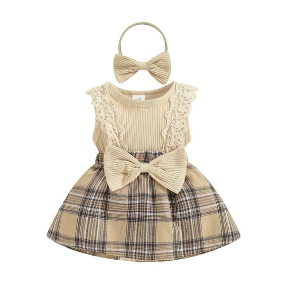 Elippeo Baby Girls Rompers Dress 3 6 9 12 18 Months Lace Fly Sleeve Bowknot Plaid Skirt Hem Infant Bodysuits Summer Clothes with Headband
