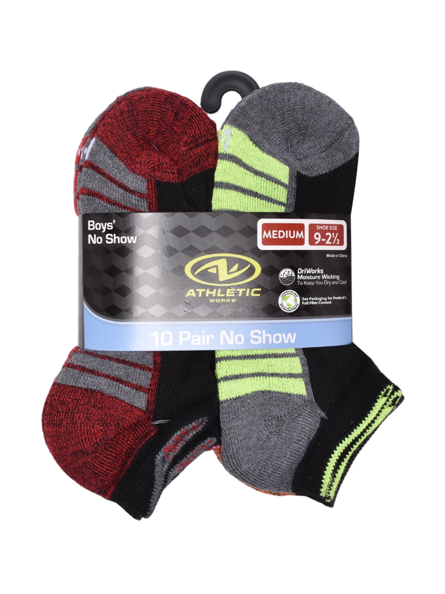 Athletic Works Boys Cushioned No Show Socks, 10-Pack, Sizes S (4.5-8.5) - L (3-9)