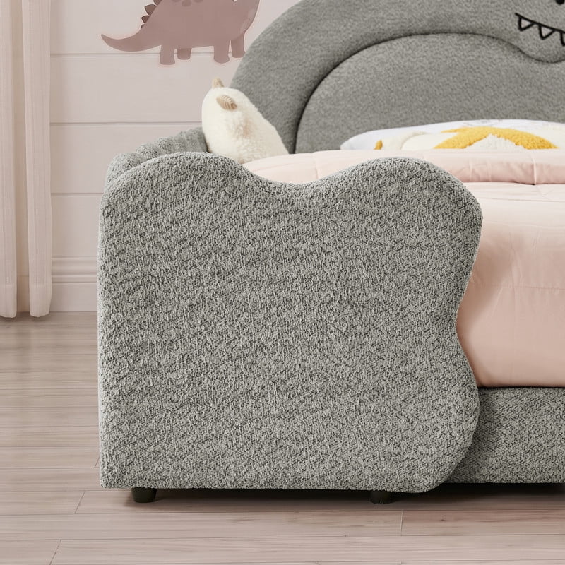 Full Size Kids Dinosaur-Shaped Platform Bed with Guardrails, Low-Profile Upholstered Boucle Fabric Playful Child Daybed Frame