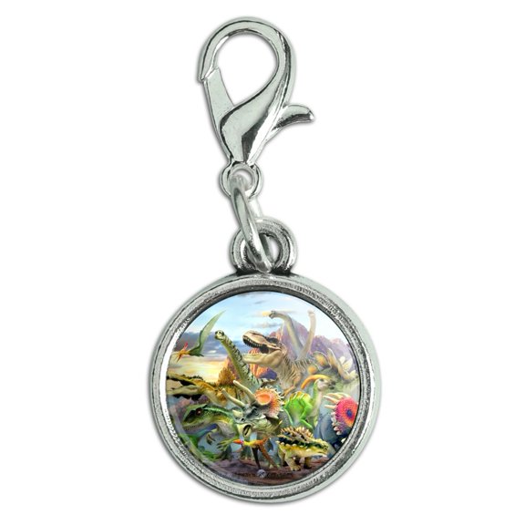 Dinosaurs Jurassic Dinosaurious Stampede Antiqued Bracelet Pendant Zipper Pull Charm with Lobster Clasp