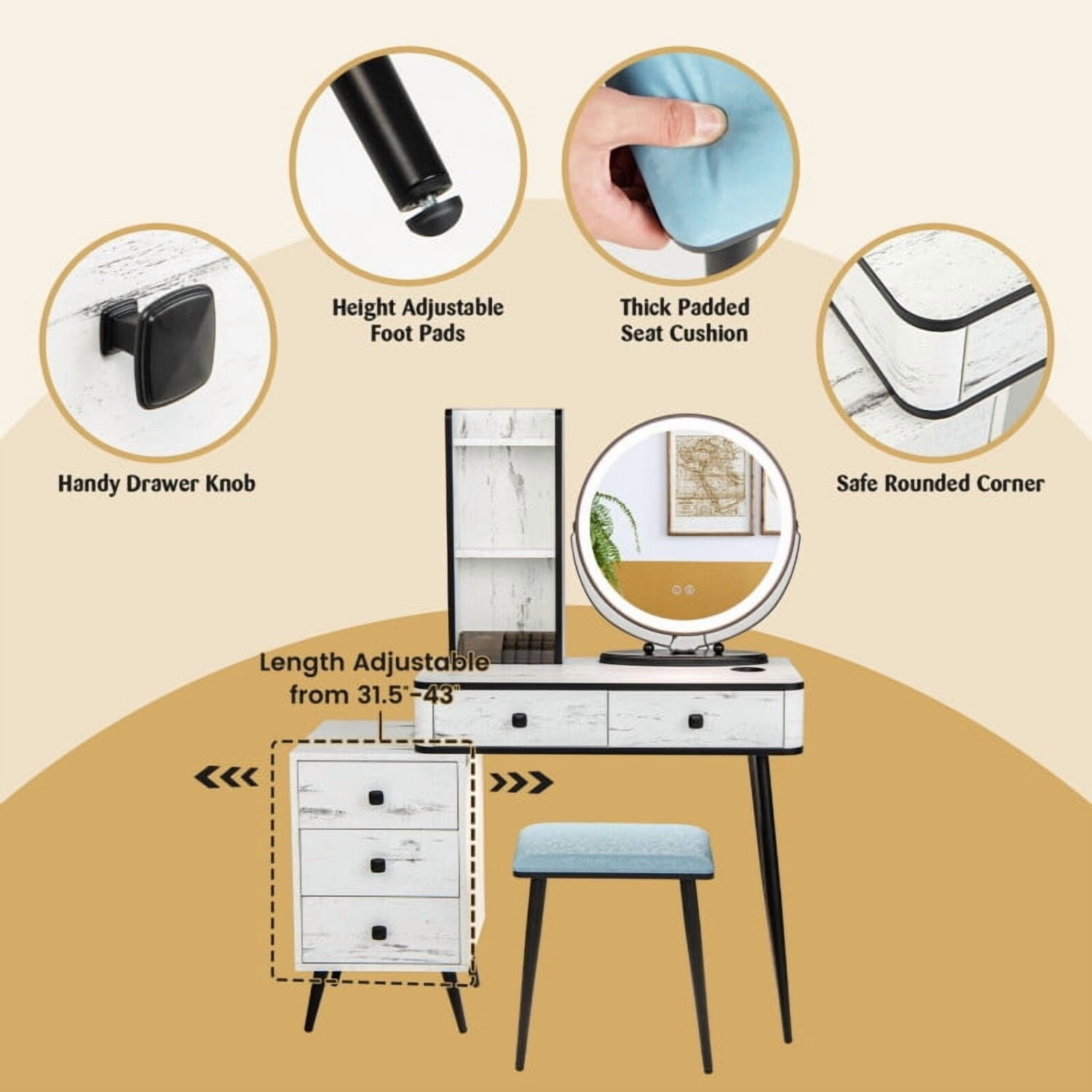 Kadyn Vanity Desk with 5 Drawers, Makeup Vanity Table with Cushioned Stool, Dressing Table Makeup Desk for Bedroom, Living Room, White