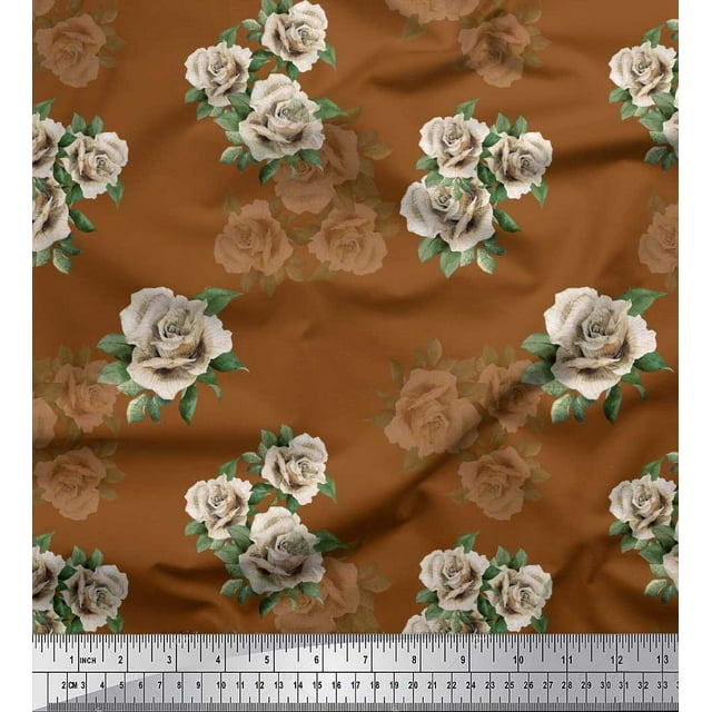 Soimoi Polyester Crepe Fabric Leaves & Alba Rose Floral Printed Fabric 1 Yard 42 Inch Wide