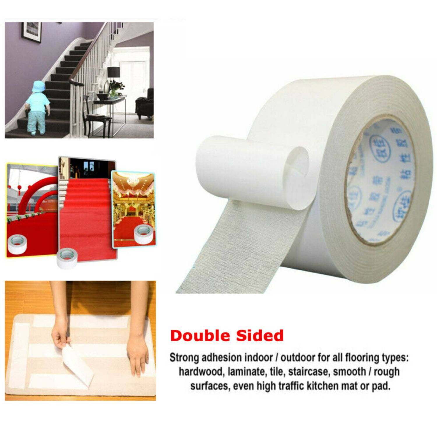 PARTYKINDOM Double Sided Carpet Tape, Heavy Duty Strong Adhensive Rug Underlayment Perfect Holding Gripper for Indoor Outdoor Area Mat/Hardwood Floors/Wall Hanging