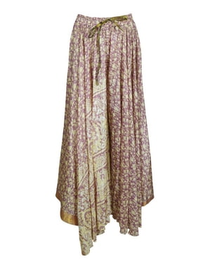 Mogul Women Purple Vintage Divided Uneven Maxi Skirt Wide Leg Full Flare Printed Silk Sari Gypsy Hippie Chic Long Skirts S