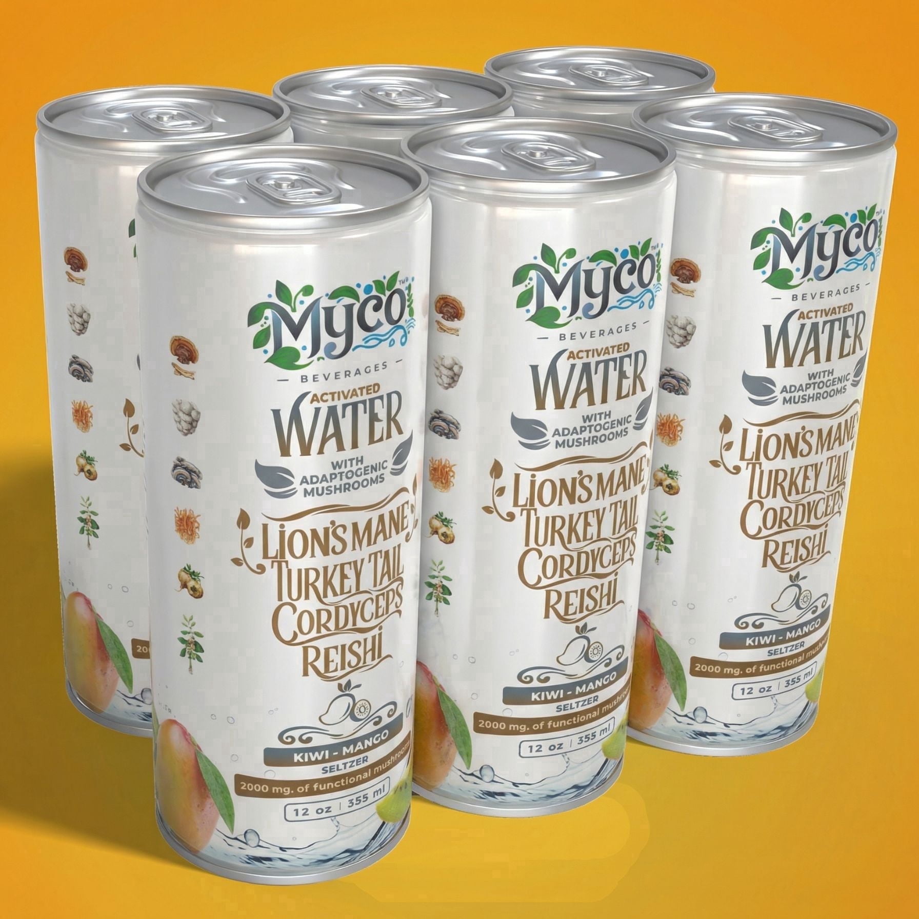 MycoBev Kiwi Mango Sparkling Water, 2000mg Mushroom Blend, 6-pack