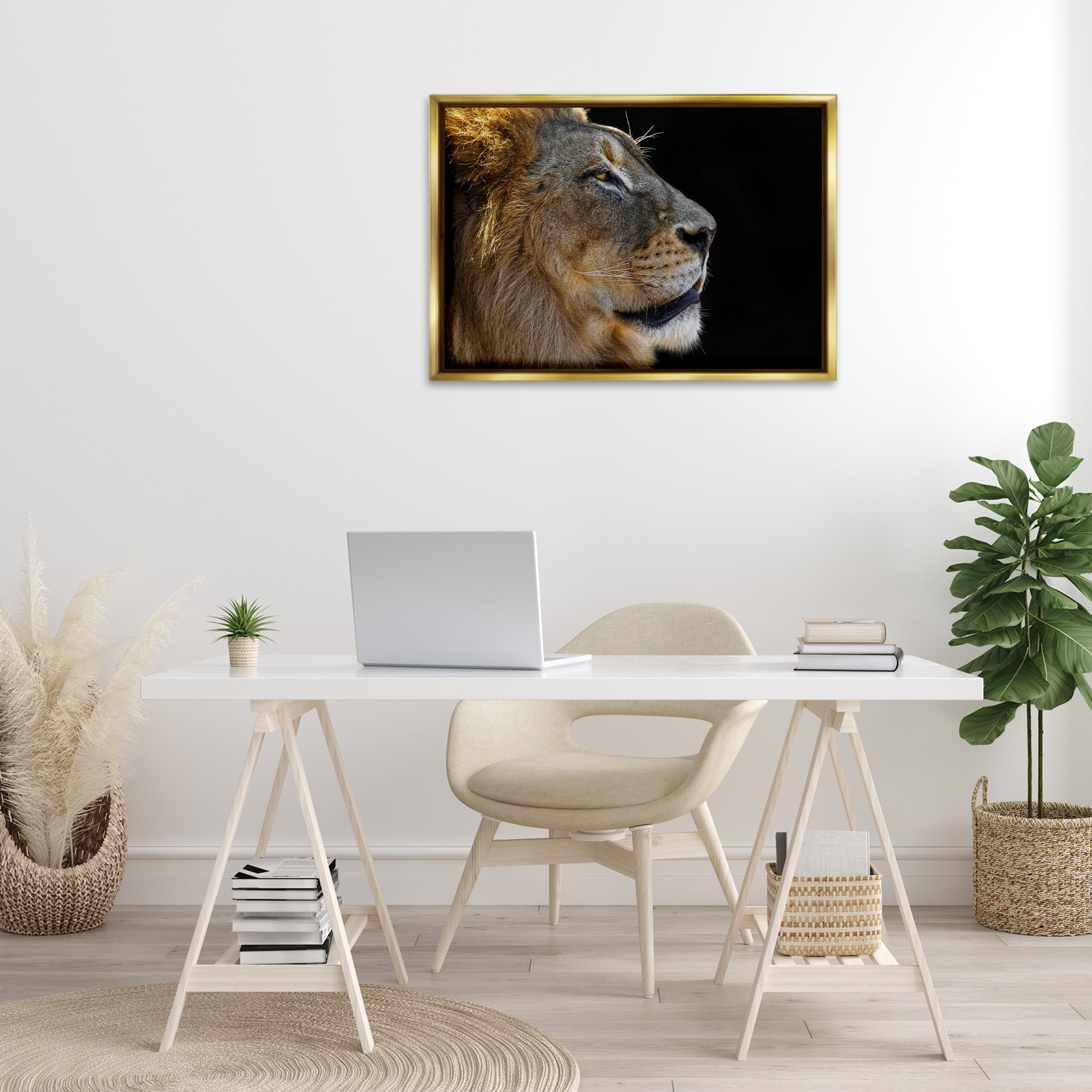 Stupell Industries Fierce Lion Looking Right Animals Photography Gold Floater Framed Canvas Art Print Wall Art, 31 x 21