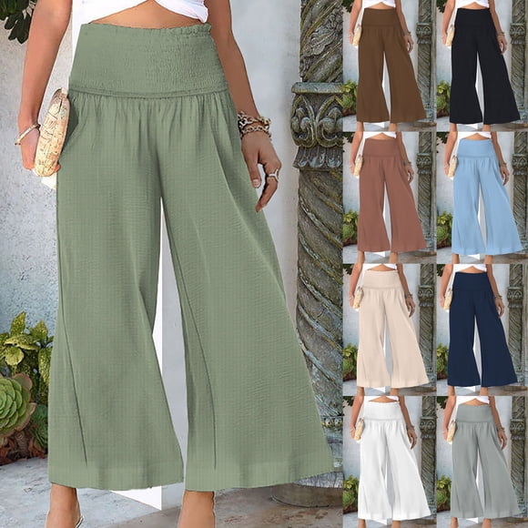 yoeyez Women Wide Leg Pants Casual,Women's 2025 Summer High Waisted Trouser Linen Lounge Palazzo Beach Cover Ups Flowy Pants On Sale Coffee,2XL