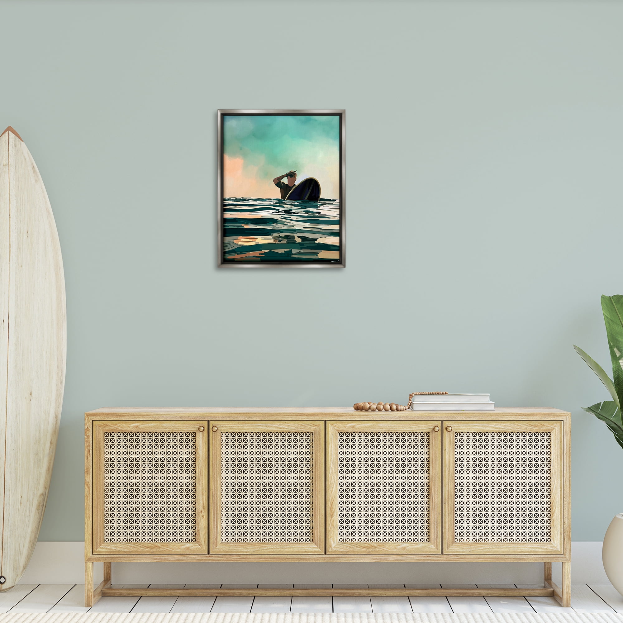 Stupell Industries Surfer with Ocean Reflection Nautical & Beach Painting Gray Floater Framed Canvas Art Print Wall Art, 25 x 31