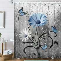 Rustic Blue Floral Boho Shower Curtain, Country Farmhouse Daisy Spring Flowers and Butterfly Shower Curtain for Bathroom, Grey Gray White Surreal Floral Bathroom Curtain with 12PCS Hooks, 36X70IN