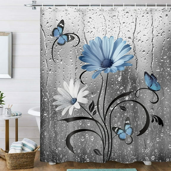 Rustic Blue Floral Boho Shower Curtain, Country Farmhouse Daisy Spring Flowers and Butterfly Shower Curtain for Bathroom, Grey Gray White Surreal Floral Bathroom Curtain with 12PCS Hooks, 47X64IN