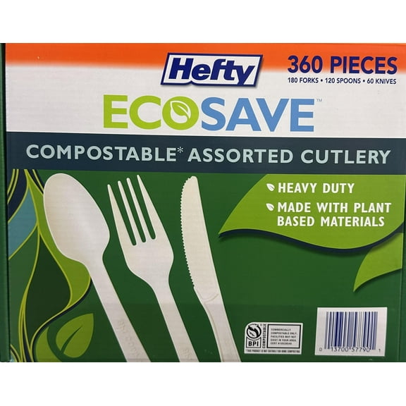 Hefty ECOSAVE 360-Piece Assorted Cutlery Set, Heavy Duty Compostable Forks, Spoons, Knives