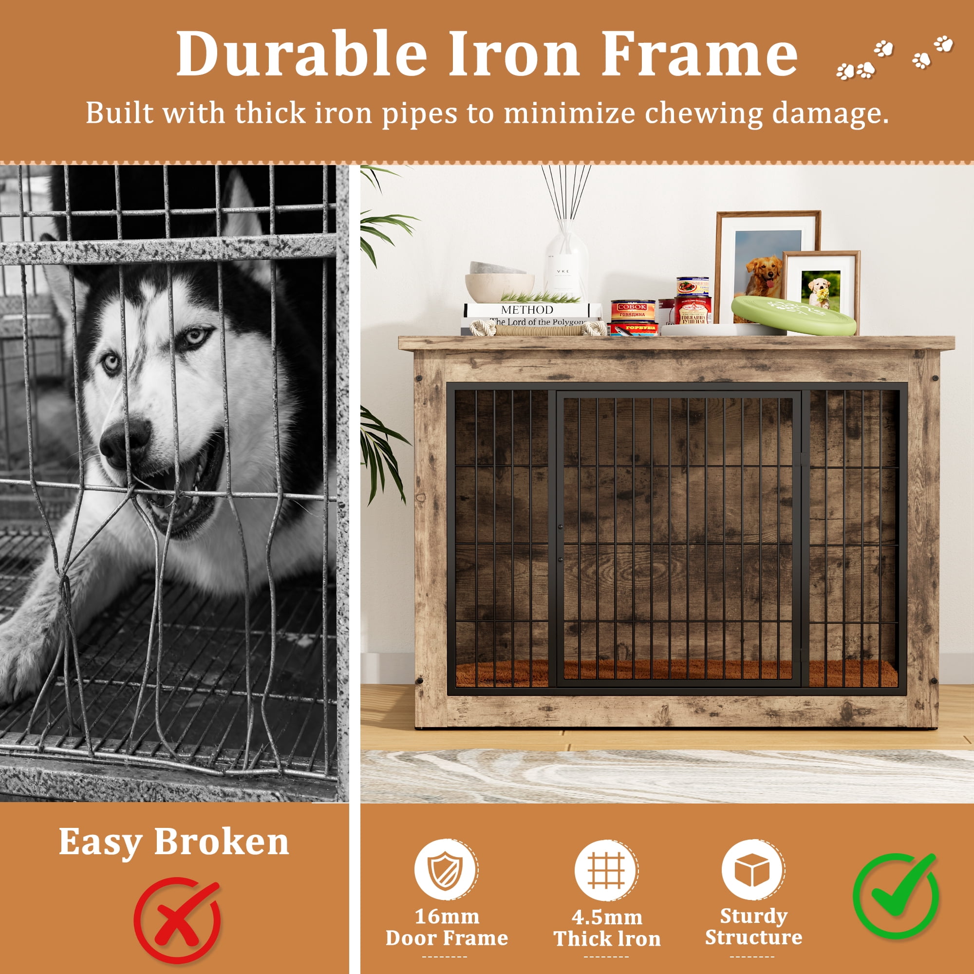 Furmax Heavy-Duty Wooden Dog Crate 2-Door Furniture Style Kennel with Chew-Proof Design & Removable Cushion, End Table for Small, Medium, Large Dogs