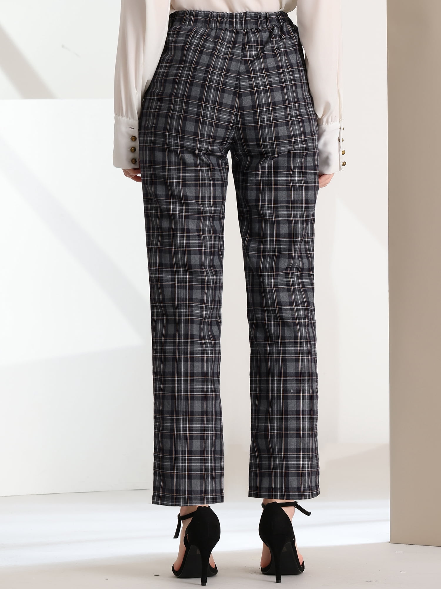 DARING DIVA Women's Plaid Trousers Pockets Straight Leg Casual Pant L dark Gray Black