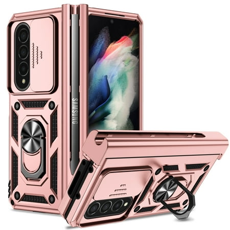for Galaxy Z Fold 4 Case, Soft TPU & Hard PC Anti-scratch Sliding Cover Full Protection Ring Stand Rotating Kickstand Holder Magnetic Shockproof Phone Case Cover for Samsung Z Fold 4 5G,Rosegold