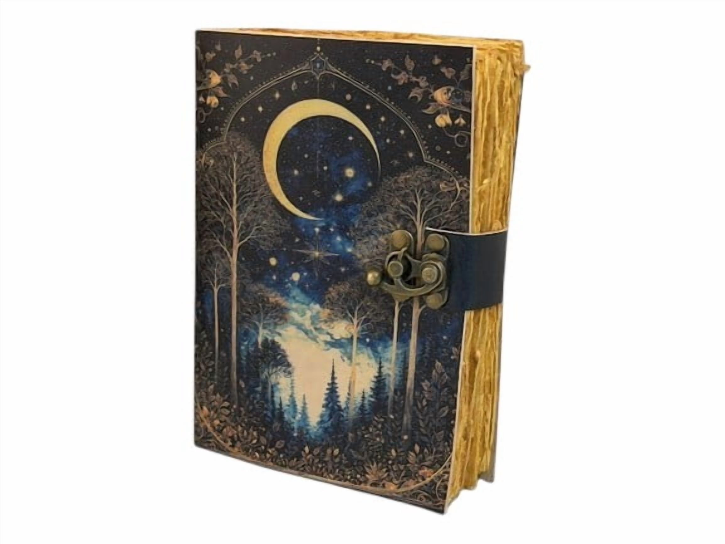 Handmade Leather Journal with Moon & Forest Design, 200 Deckle Edge Pages, 5x7 Vintage Notebook with Metal Clasp