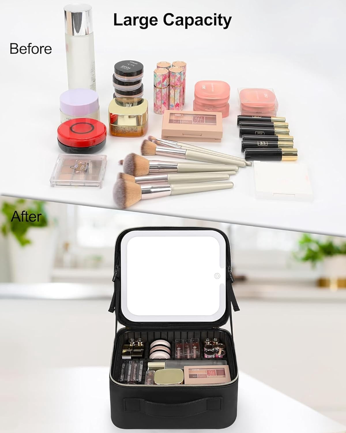 Makeup Bag with LED Mirror, Travel Makeup Case for Women and Makeup Artists Cosmetic Organizer Large Make Up Bags with Light Up Mirror, 3 Color Lights, Adjustable Dividers and Brush Holder