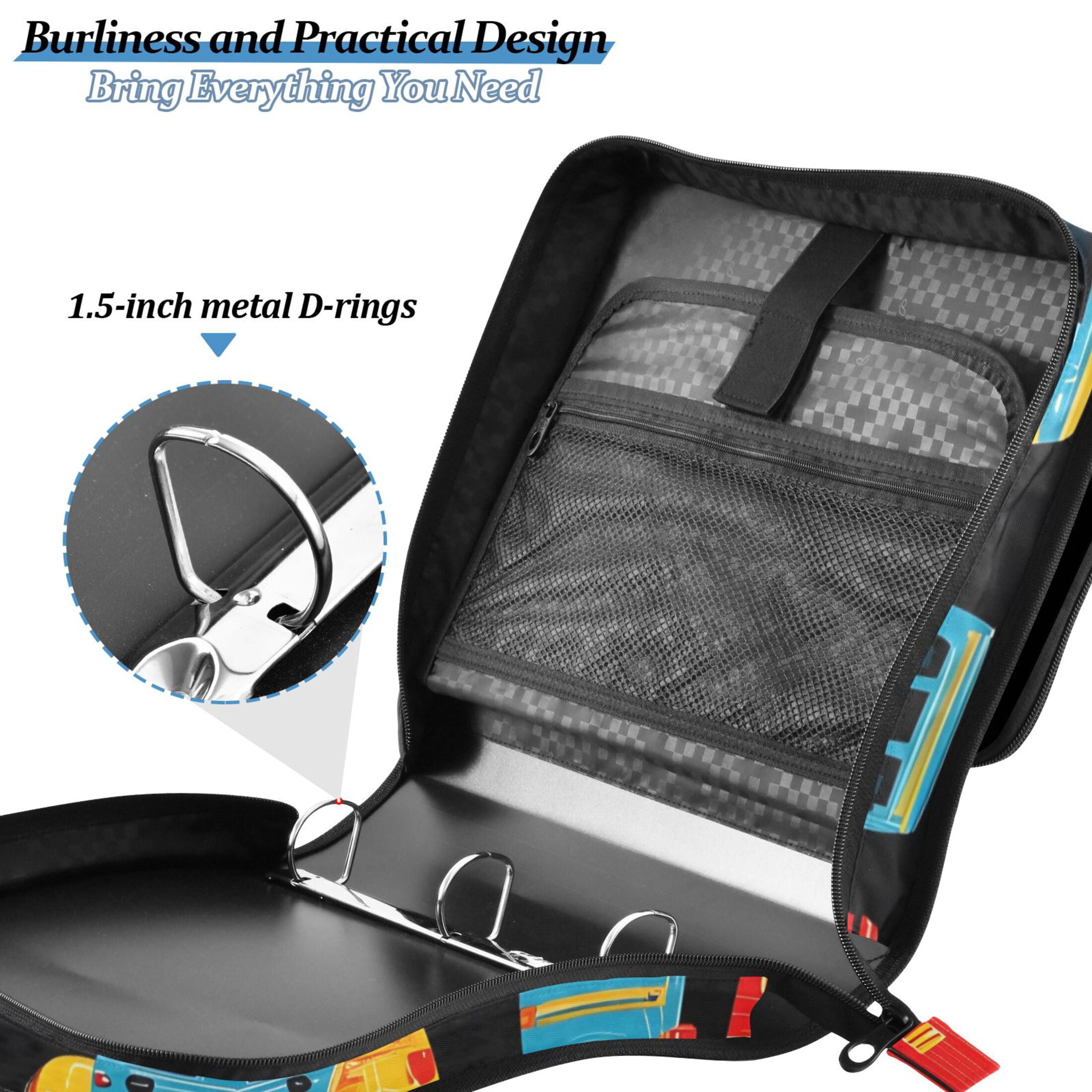 3 Ring Zipper Binder with Shoulder Strap Waterproof Trapper Keeper 2 Inch D-Ring 500 Sheets Capacity Fire Trucks