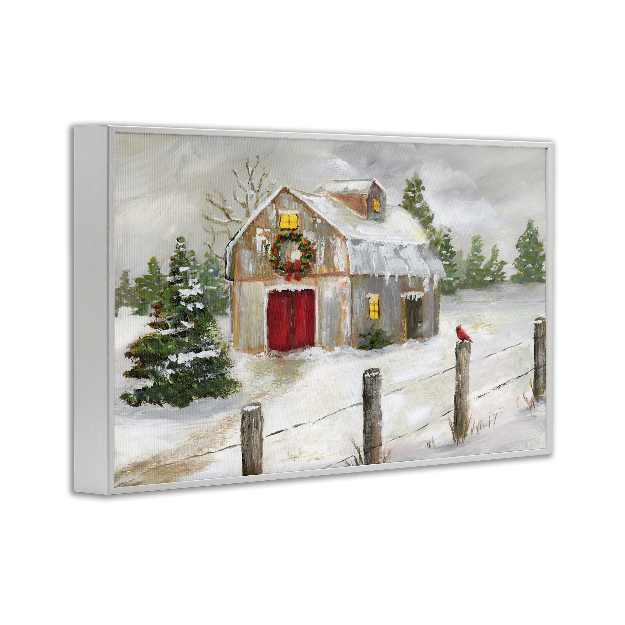 Stupell Industries Winter Farmhouse Scene Holiday Painting White Framed Art Prints Wall Art, 24 x 16