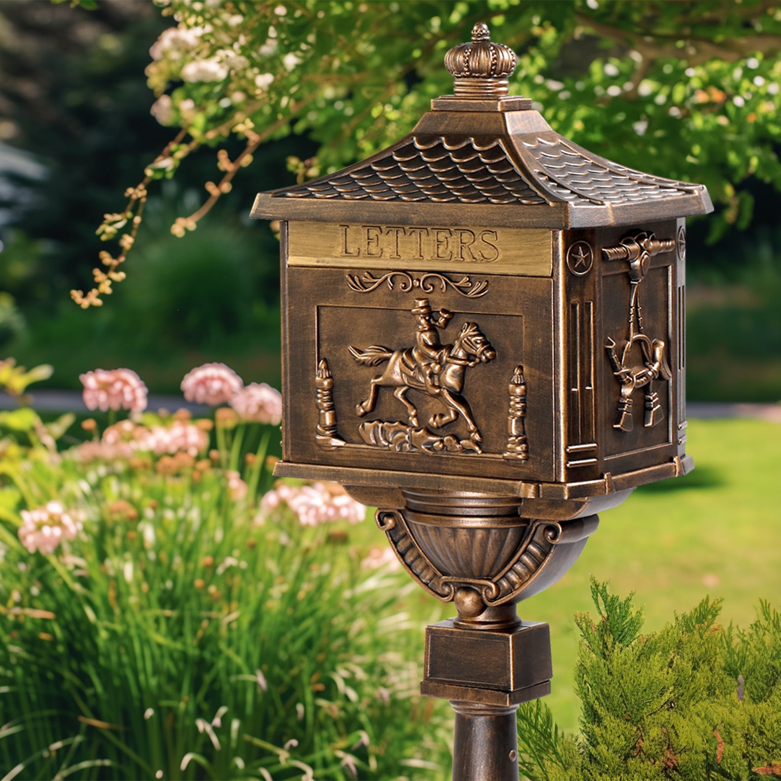 Cast Aluminum Mailbox with Post, Heavy Duty Postal Box with 2 Keys, Baffle Door, Address Panel, Stable Base, In-Ground Large Security Mailbox for Outside (Antique Bronze)