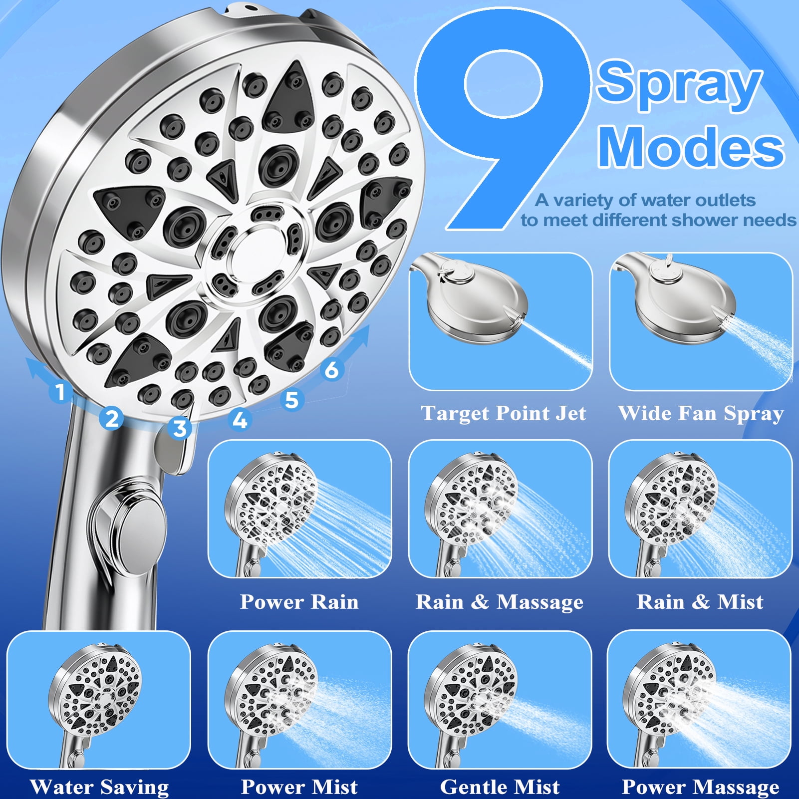 Shower Head - 9-Mode High Pressure Handheld Shower Head with Water Stop Button, Shower Head with Ultra-long Stainless Steel Hose, 9 Spray Settings