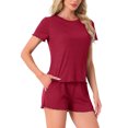 thumbnail image 4 of INSPIRE CHIC Women's Pajama Sets Short Sleeve Crewneck Top with Shorts Ruffle 2 Pcs Lounge Set with Pocket S Red, 4 of 6