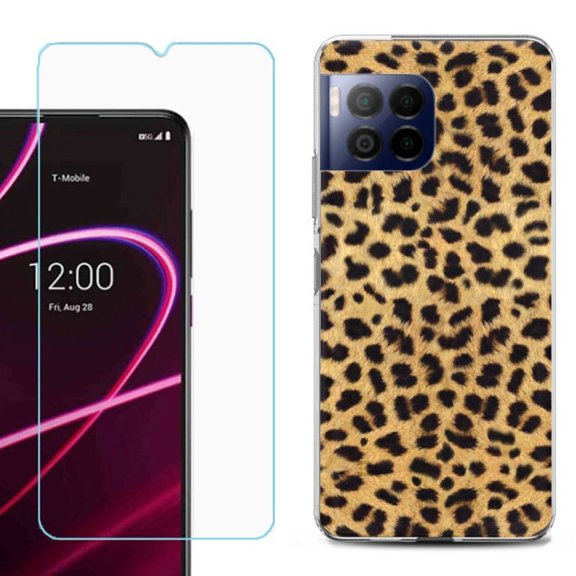 For T-Mobile Revvl 7 Pro 5G Phone Case, Shockproof Case Cover with Tempered Glass Screen Protector, by OneToughShield - Cheetah Gold/Black