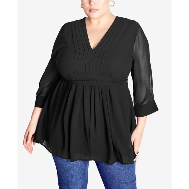 avenue Womens Pleated Tunic Blouse, black, Plus Size, 20W