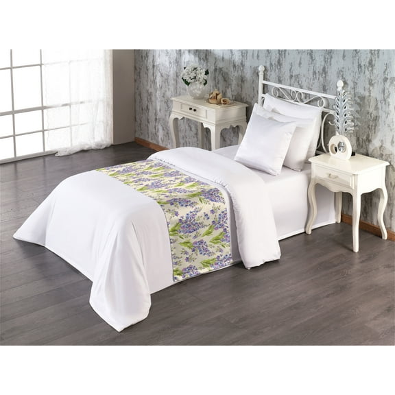 Delphinium Pattern Bed Runner, Simple Design Modern Leaves Greenery with Floral Pattern Art, Decorative Accent Bedding Scarf for Hotels Homes & Guest Rooms, Twin, Yellow Green Lavender, by Ambesonne