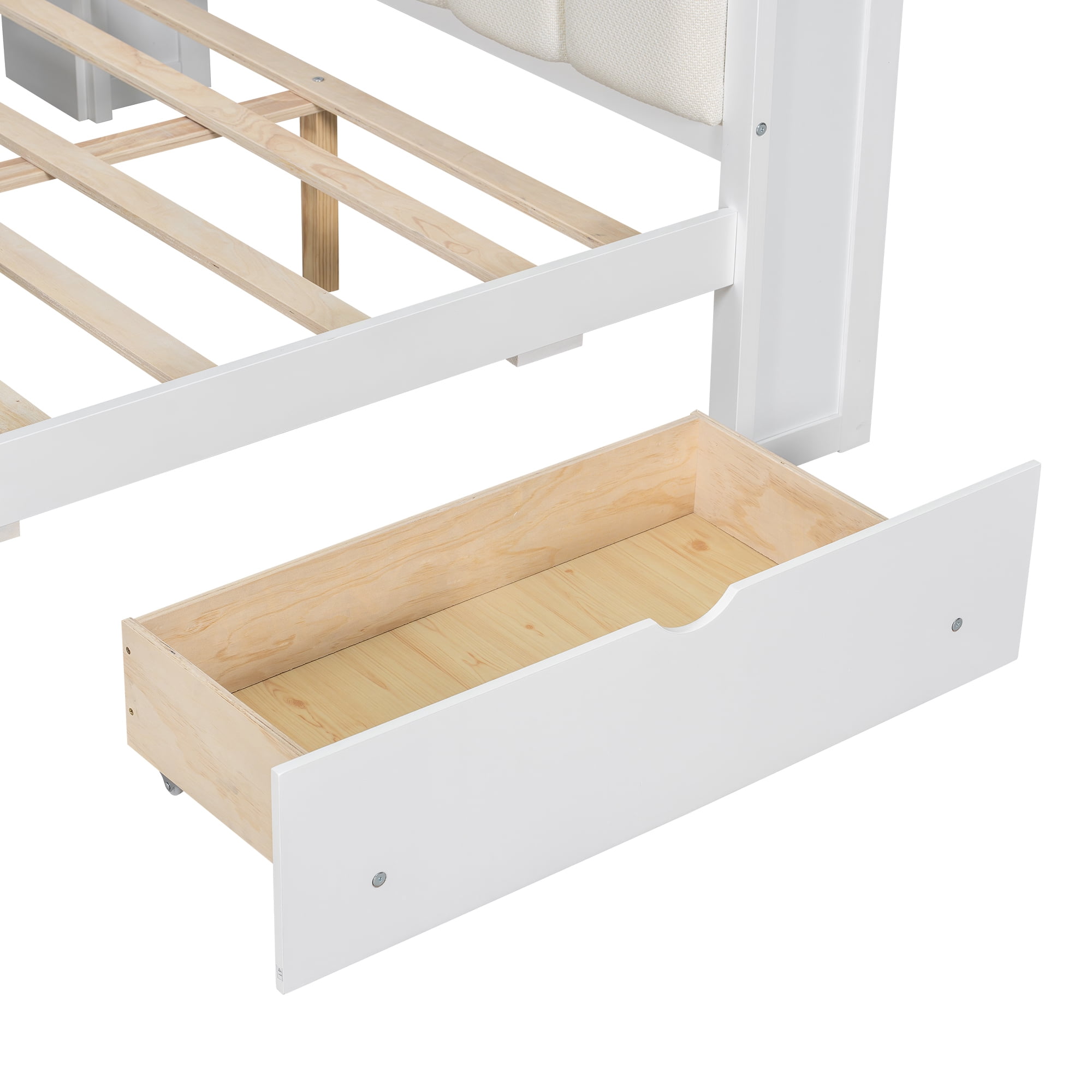 Euroco Wood Full Size Daybed with Desk and Shelves, Captain Bed with Upholstered Headboard, LED Light and USB Charging, White