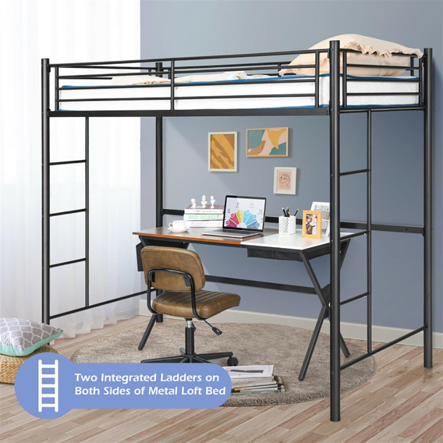 Demi Bonn Metal Twin Loft Bed Frame with 2 Ladders Full-length Guardrail for Teens, Black