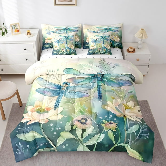 Erosebridal Ensemble de Literie Libellule Sauvage Format Simple, Ensemble de Lit Feuilles de Fleur de Lotus Botanique, Microfibre 7 Pcs