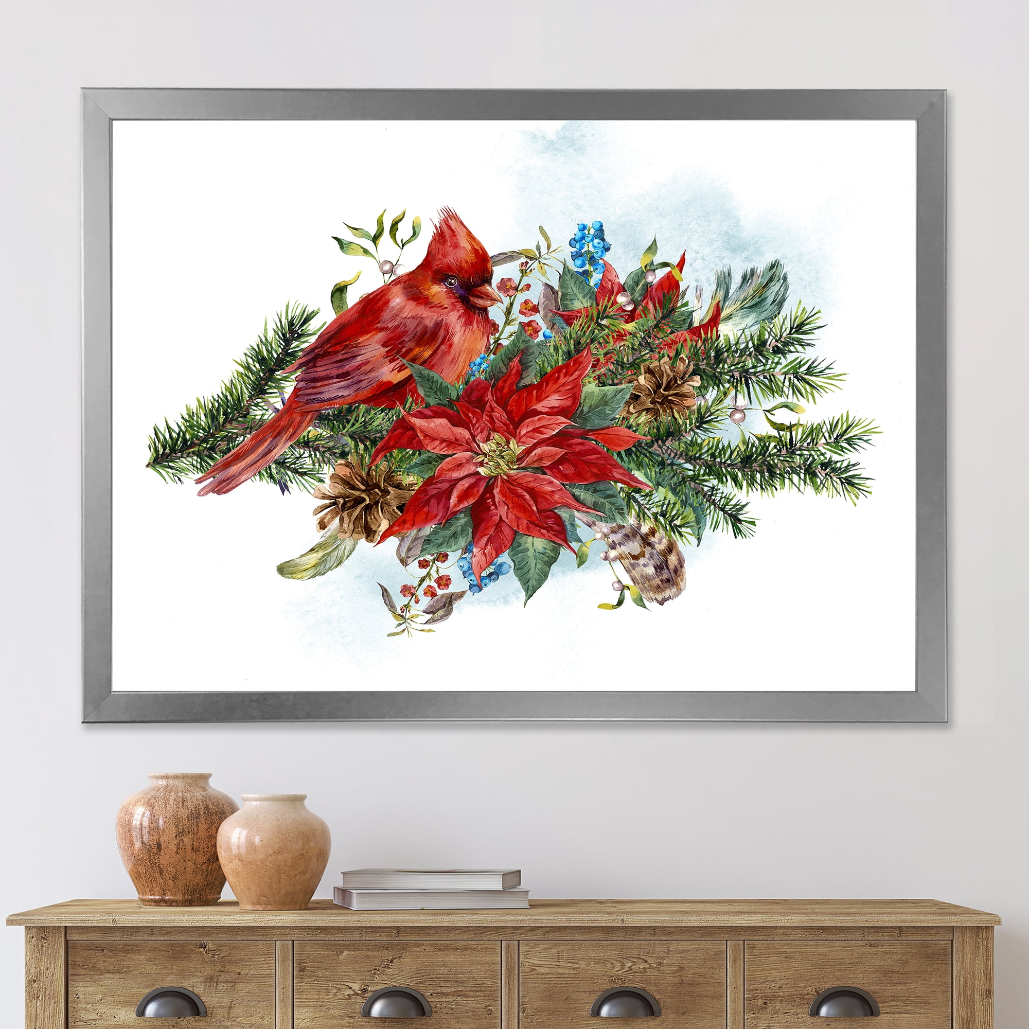 Designart 'Christmas Red Cardinal Bird and Poinsettia' Traditional Framed Art Print