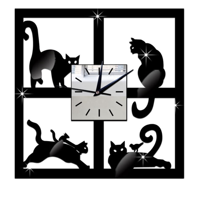 Unique Cat Black Wall Clock Modern Design Home Watch Wall Sticker Pellet Storage Two Minute Timer Autopilot Timer Seconds Timer Kids Visual Classroom Clock Manipulative Cooking Stones for Sand Timer 2