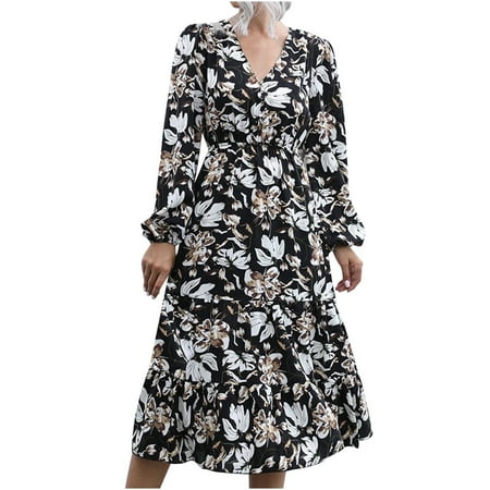 

Airpow Women Long Sleeve Round-Neck Ankle Dress Women Can Wear Floral Patch New Print Big Hem Dress All The Year Round V-neck Bubble Sleeve Long Dress Blue Maternity Dress