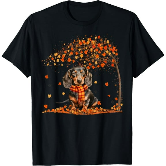 Dachshund Scarf Thanksgiving Autumn Tree Dog Fall Leaf T-ShirtMen and women, White Black T-shirt, size: Extra large S-414XL