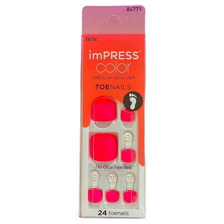 Kiss imPRESS Color Toenails Neon Pink Press-On Fake Nail Pedicure With Coffee 84771